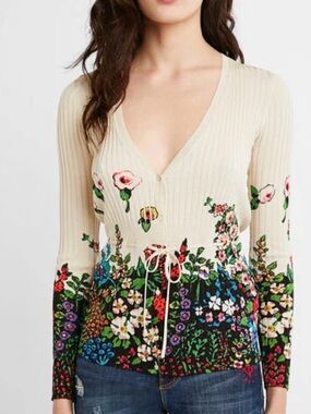 Desigual Cream Ribbed V-Neck Floral Drawstring Camisole